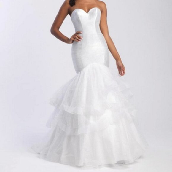 Madison James Silver Mikado Ruffle Skirt Strapless Gown